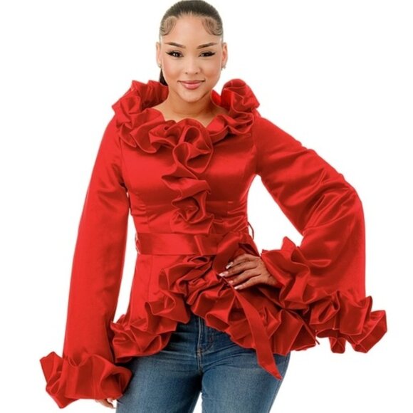 Red Plus Wide Round Neck Ruffle Top - Picture 1 of 4